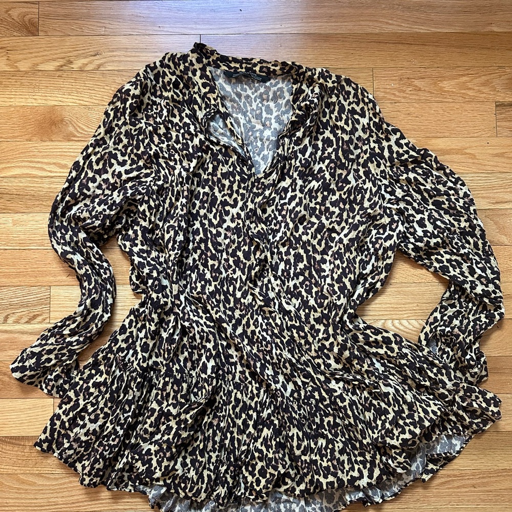 Zara Leopard Cheetah Print Mini Dress with Ruffle Hem and Tie Front
